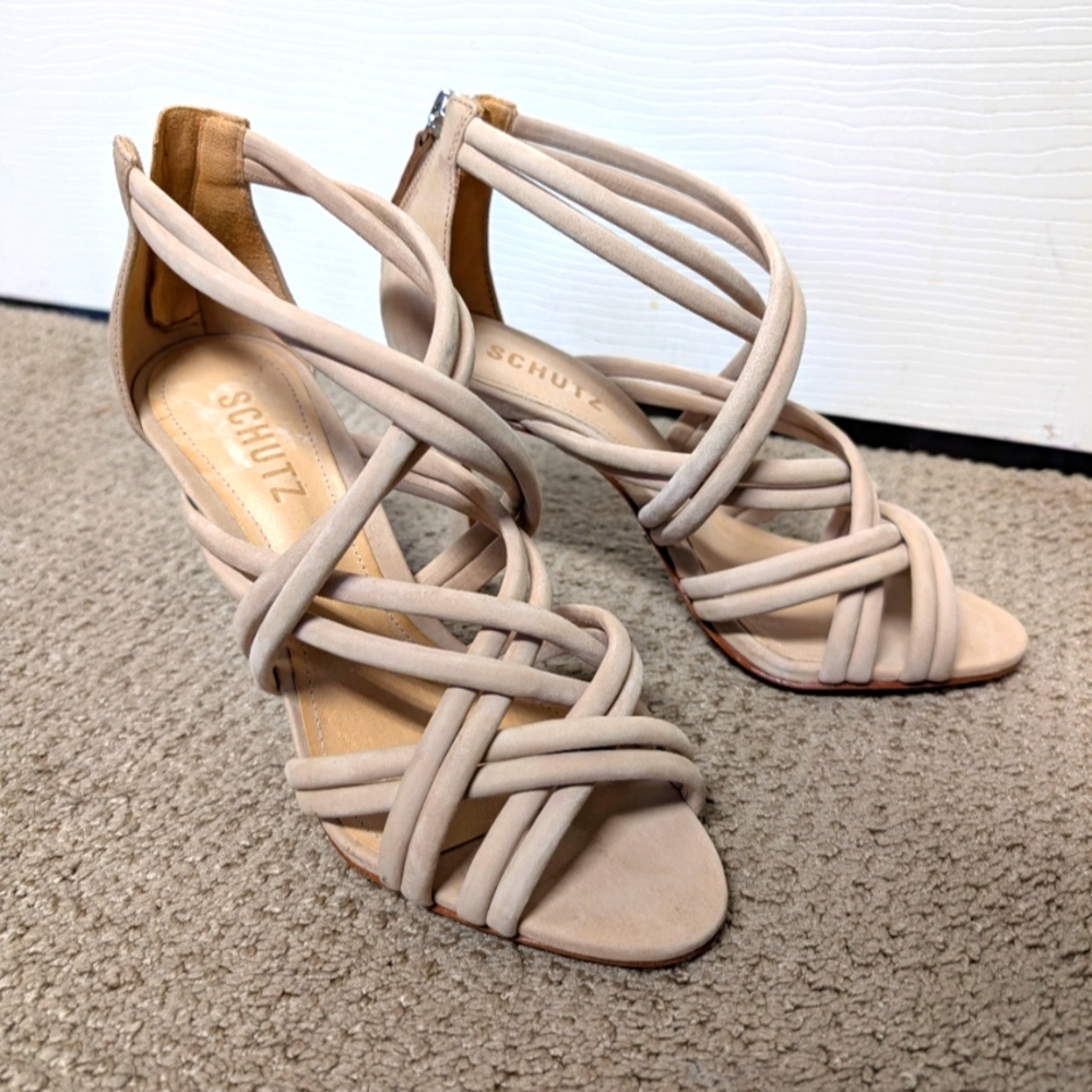 Schutz Women's Sz 6B Beige Suede Nude Strappy Stiletto Sandals Heels Glam Event